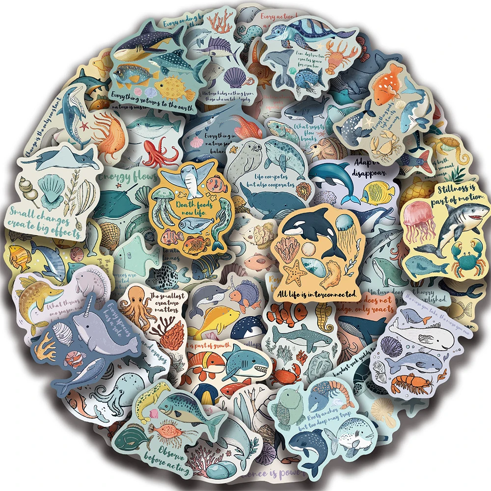 

10/30/50pcs Kawaii Marine Animals Cartoon Stickers Funny Motivational Phrase Decals Stationery Phone Notebook Graffiti Sticker