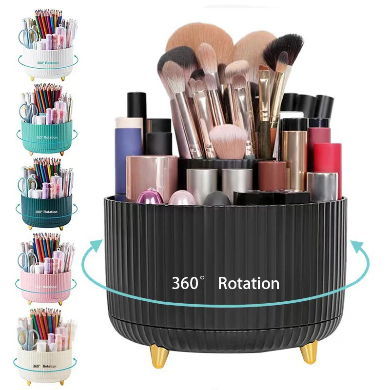 Cosmetic Organizer–Rotating 360° Makeup Tools Storage Carousel 5 Compartment Plastic Brush Holder Multi-Functional Desk Bathroom