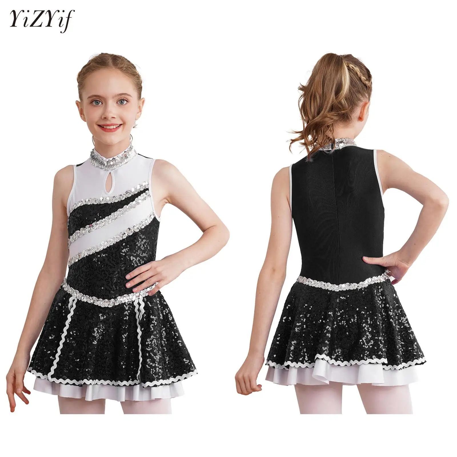 

Kids Girls Cheerleading Performance Costume Sleeveless Schoolgirls Cheer Sequin Modern Dance Gymnastic Leotard Dress Dancewear
