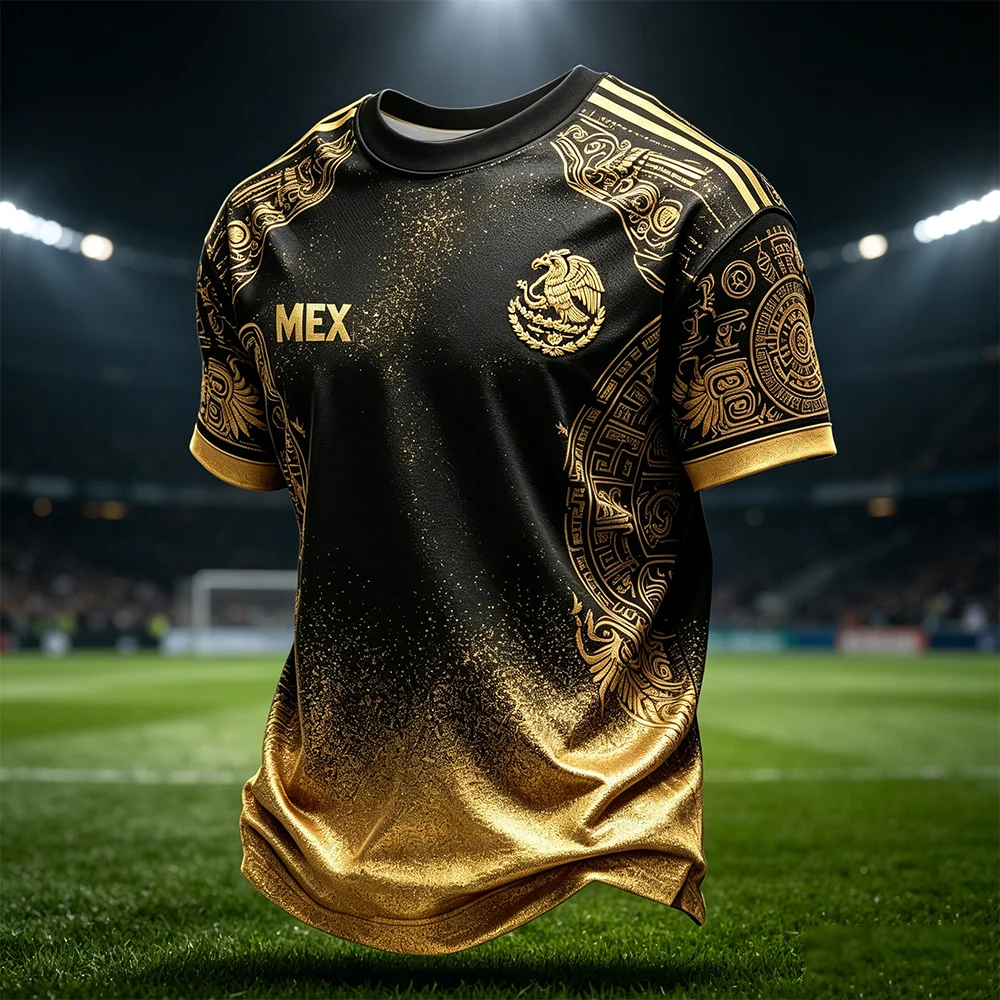 Mexico Black Gold Gradient Soccer Jersey 3D Print Breathable Short Sleeve Men Sports Fan Casual Tees for Kids Family Matching
