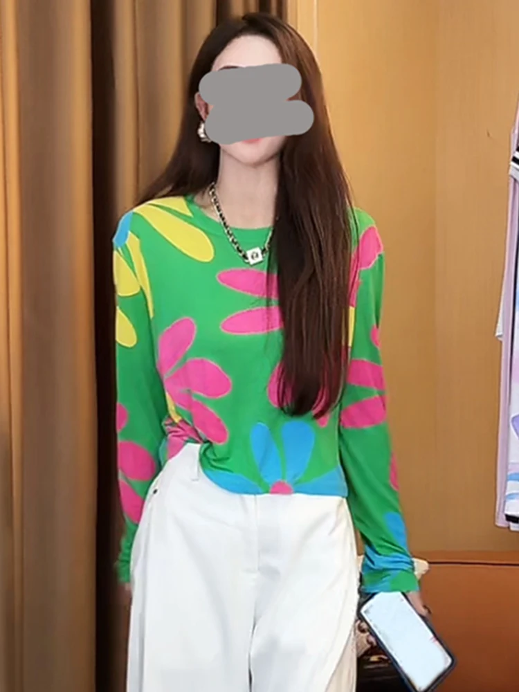 

Summer New Women's Floral Long Sve Sun Protection Slim Fit Transparent Top Korean Sle Commute Floral Print Thin Cover up