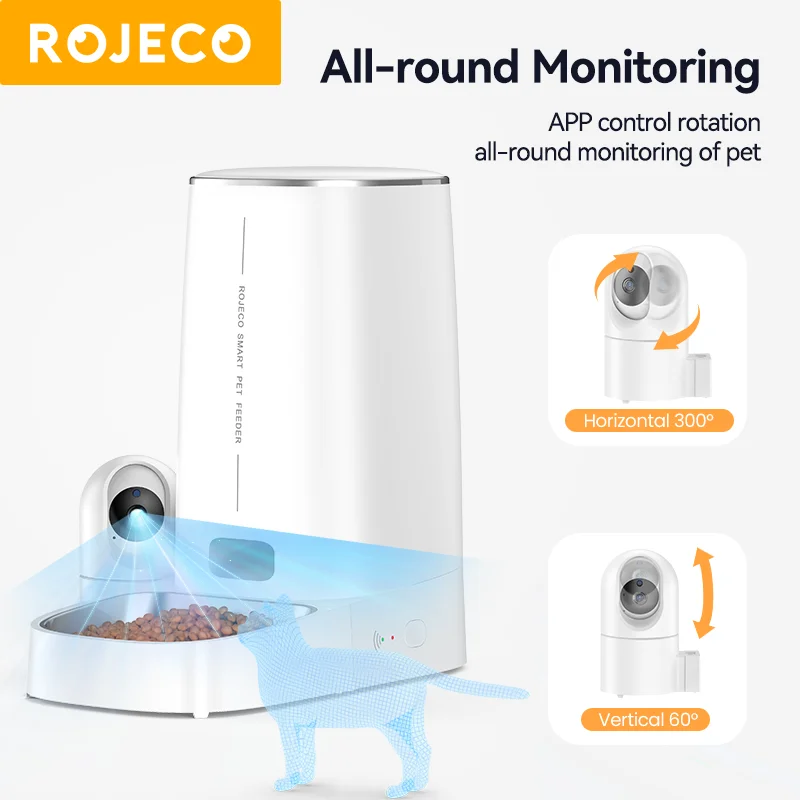 ROJECO 4L Automatic Cat Feeder With Camera Video Cat Food Dispenser WIFI Pet Smart Voice Calling Auto Feeder For Cats Dogs Pet