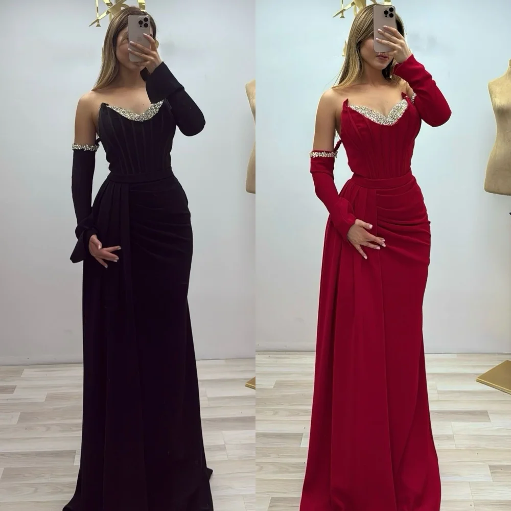 

Customized Modern Style Sparkle Jersey Rhinestone Sequined Pleat Straight Off-the-shoulder Long Dresses Bespoke Occasion Dresses