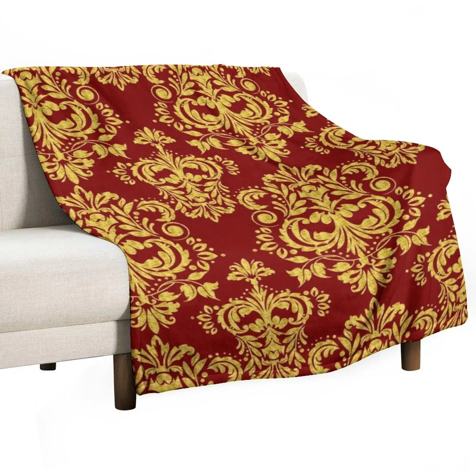 

Gold and dark-red floral damask pattern Throw Blanket Flannels Bed linens for winter Bed Blankets