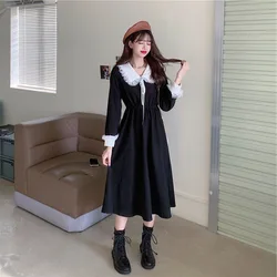 Red Dress Women's Spring And Autumn Korean High Waisted Edition Slim French Style Black Temperament Peter Pan Collar Long Dress