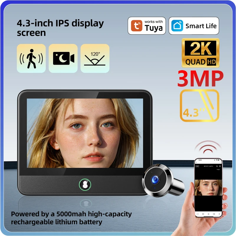 Tuya 3MP 2K Peephole Doorbell Wireless Video Intercom 4.3 Inch 5000mAh PIR Motion Alarm WiFi Door Viewer Smart Security Camera