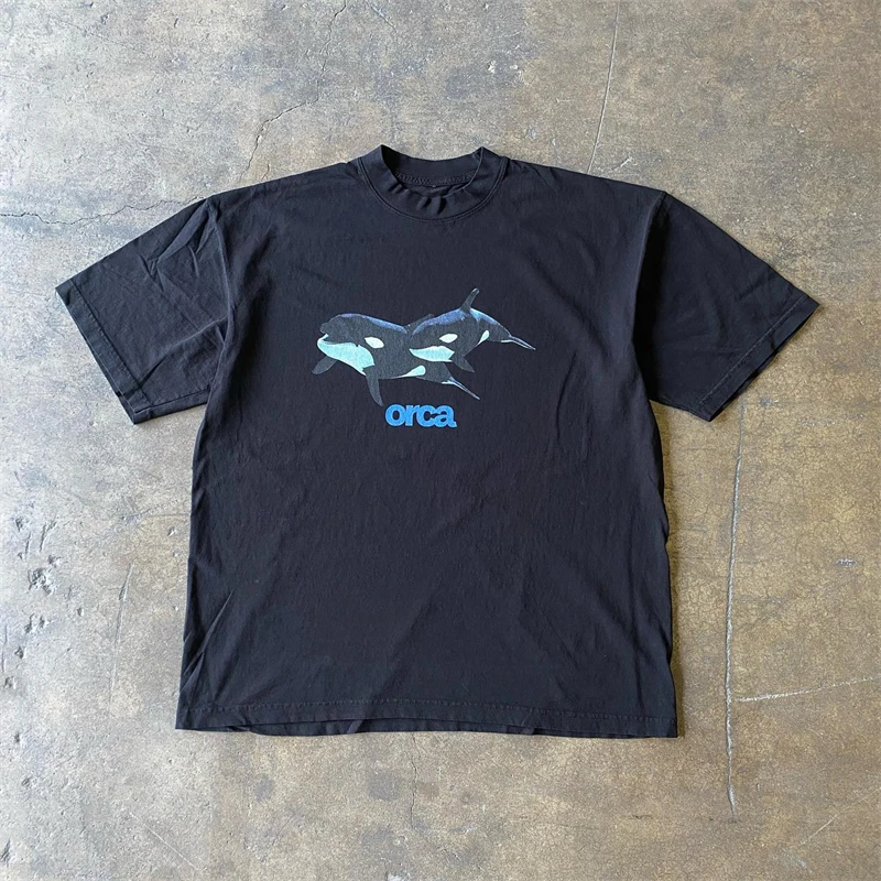 Pure Cotton 260g Heavyweight Loose Fit Short Sleeve T-Shirt for Men And Women Story of Xiao Chen Hong Kong Style Whale Watcher
