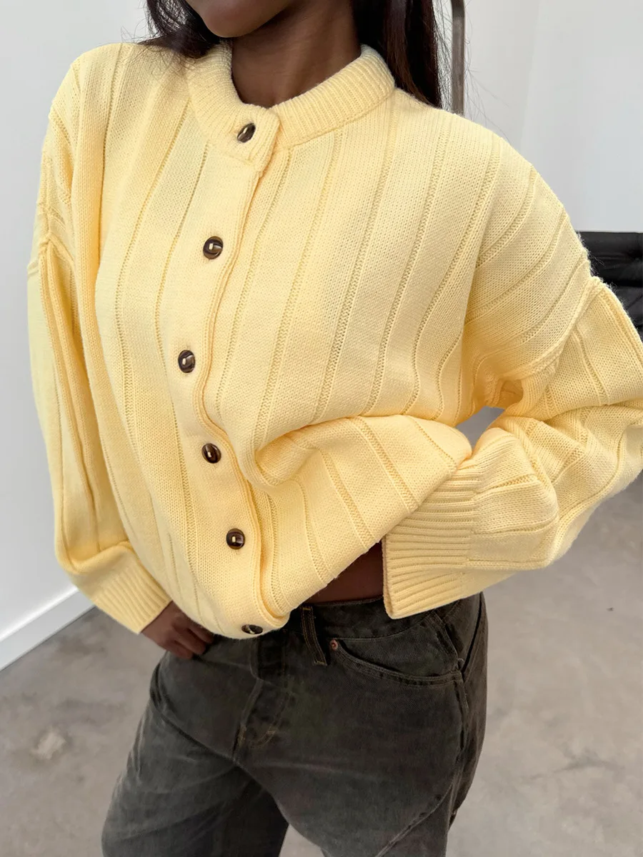

Casual Solid Knitted Coats Women Fashion Single Breasted Full Sleeve Loose O-neck Sweaters Female 2025 Autumn Lady Outwears