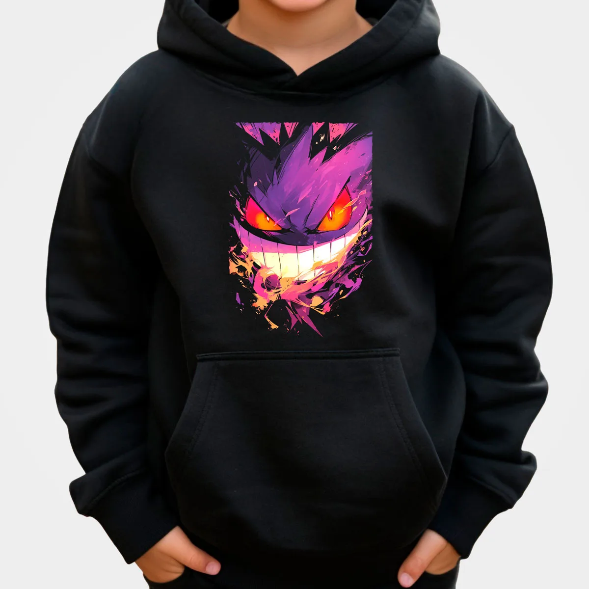 Pokemon Anime Gengar Sudadera con capucha de algodón Color negro Estampado de salpicaduras colorido con Fiery Aura Ajuste suelto Otoño Invierno Calor