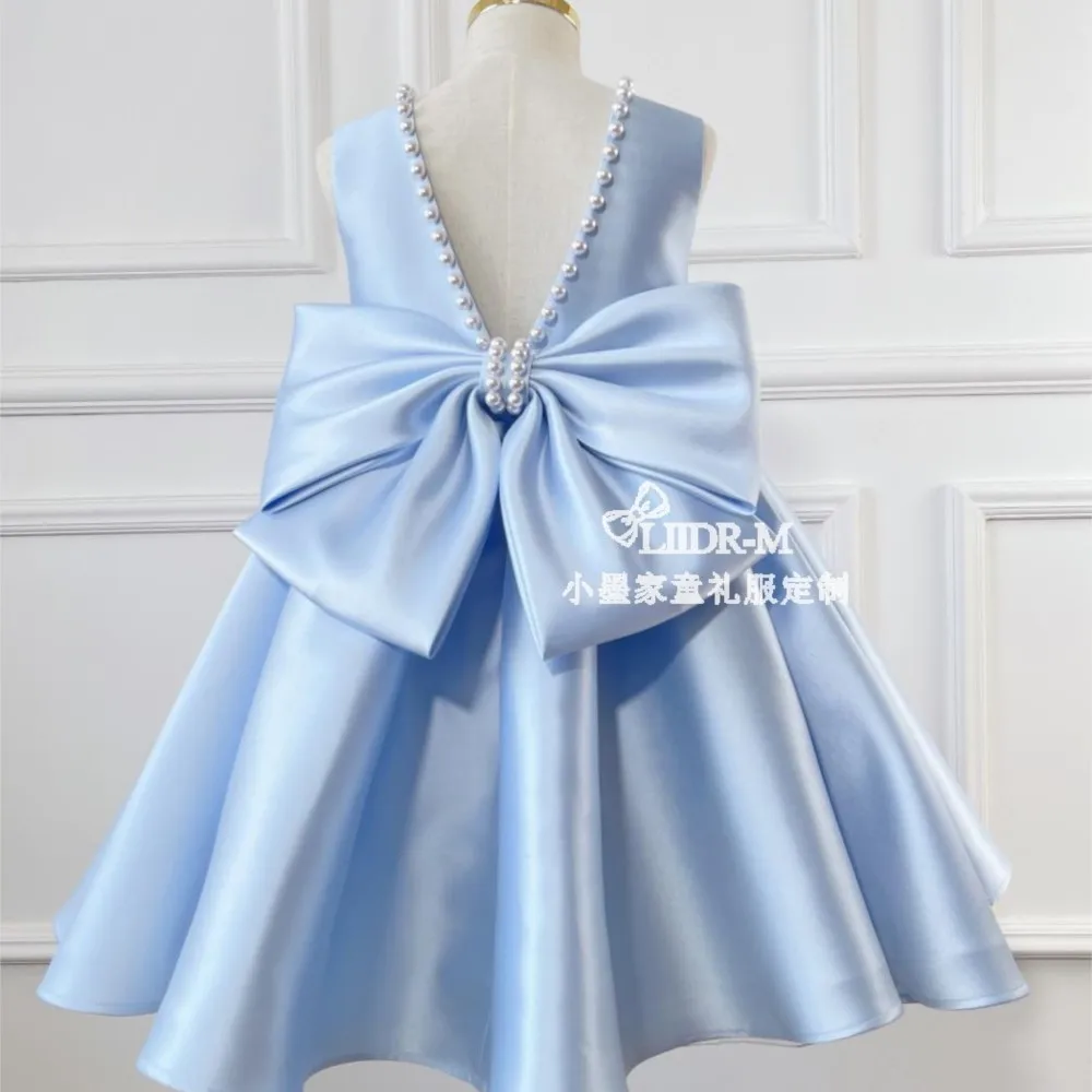 2024 Blue Satin Children's Dress Girl's Princess Dress Birthday Party Gift