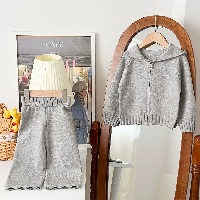 Girls Knit Cardigan Sets Winter Autumn Children Warm Sweater Clothing Suit Kids Solis Knitwear+Trousers 2 Pcs Outfits 2-6 Years