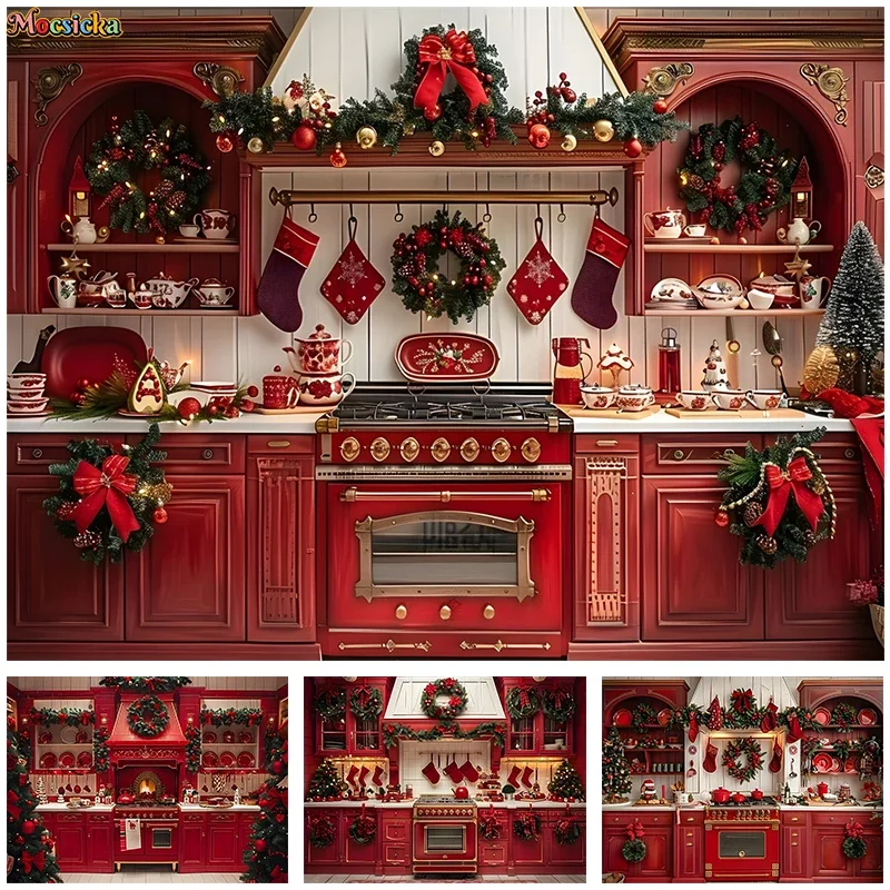 Mocsicka Photography Backdrop Merry Christmas Wreath Kitchen Red Background Happy New Year Party Photo Banner Studio Prop