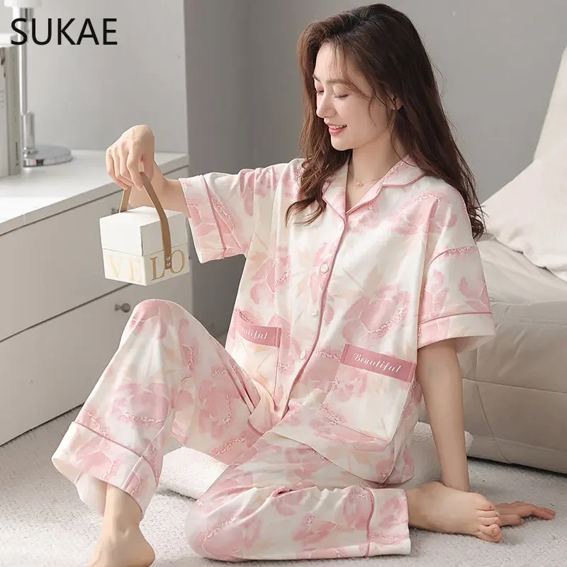 SUKAE Elegante Mulher Conjuntos de Pijama de Alta Qualidade Algodão Sleepwear Verão Manga Curta Cardigan Pijamas Casual Lapela Pijamas Pjs