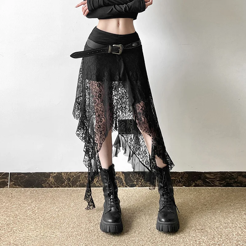 Goth Dark Irregular Hem Lace Patchwork Mid Skirts Women Streetwear Y2K Fairy Slim Pleat A-line Skirt Mall Goth Fashion Bottoms