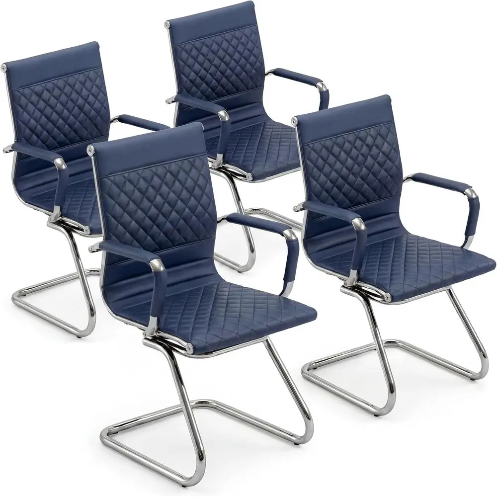 

Set of 4 Navy Blue PU Leather Chairs with Arms for Waiting, Conference, and Home Offices - 400LB Capacity Sled Base