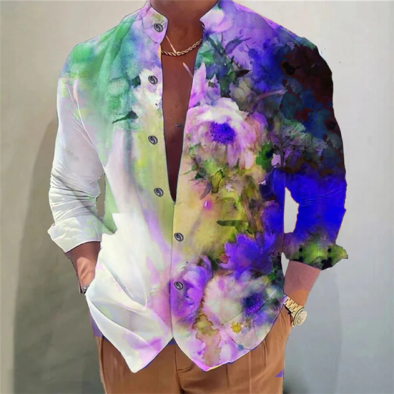 Men\'s shirt tie shirt 3D printing pattern shirt Flower outdoor shopping fashion trend super large yard XS-6XL soft fabric