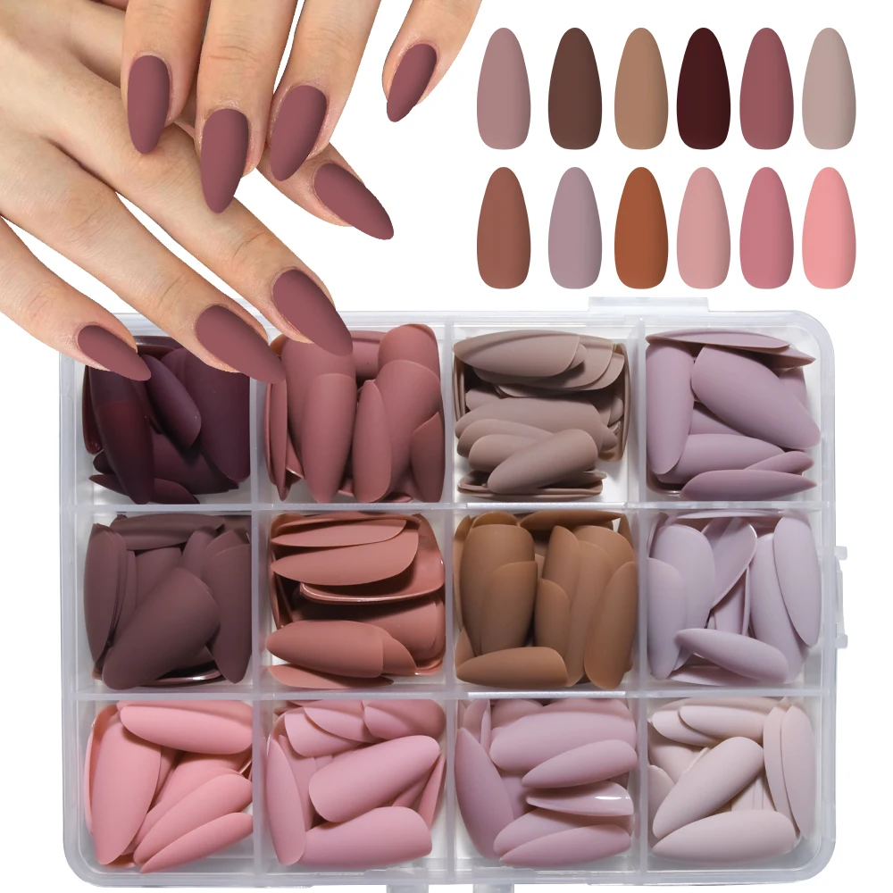 288Pcs (12Mixed)Long Almond Matte Brown Nails Design Acrylic Press On Nails Almond Perfect Fit Acrylic Fake Nail Set, Easy To We