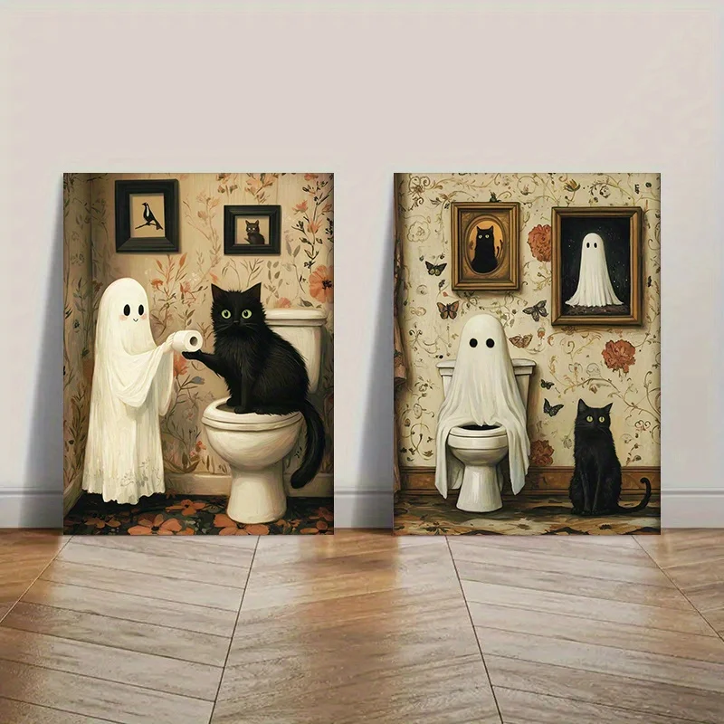 2pcs Frameless,2D Flat2pcs/set Halloween Bathroom Wall Art - Spooky Ghosts & Black Cat Toilet Scene Canvas Prints Unframed Moder