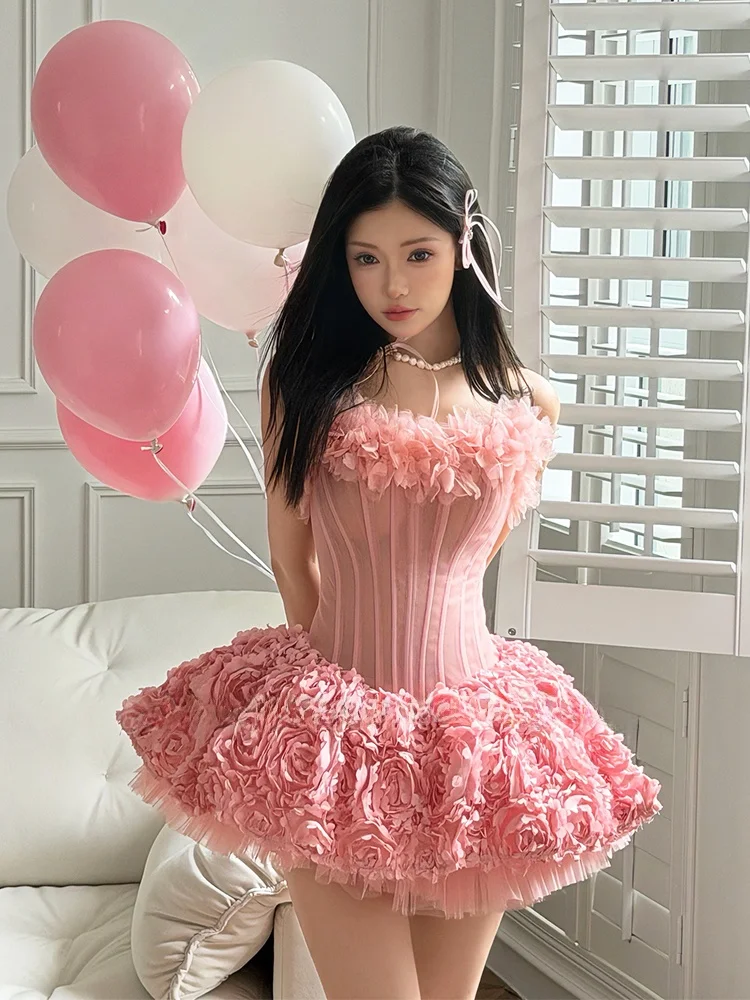 

Moulinrose Pink 3D Petal Fibone Strapl Dr Princ Birthday Girl's Puffy ort Skirt Zipper Sle High Waist No Sve