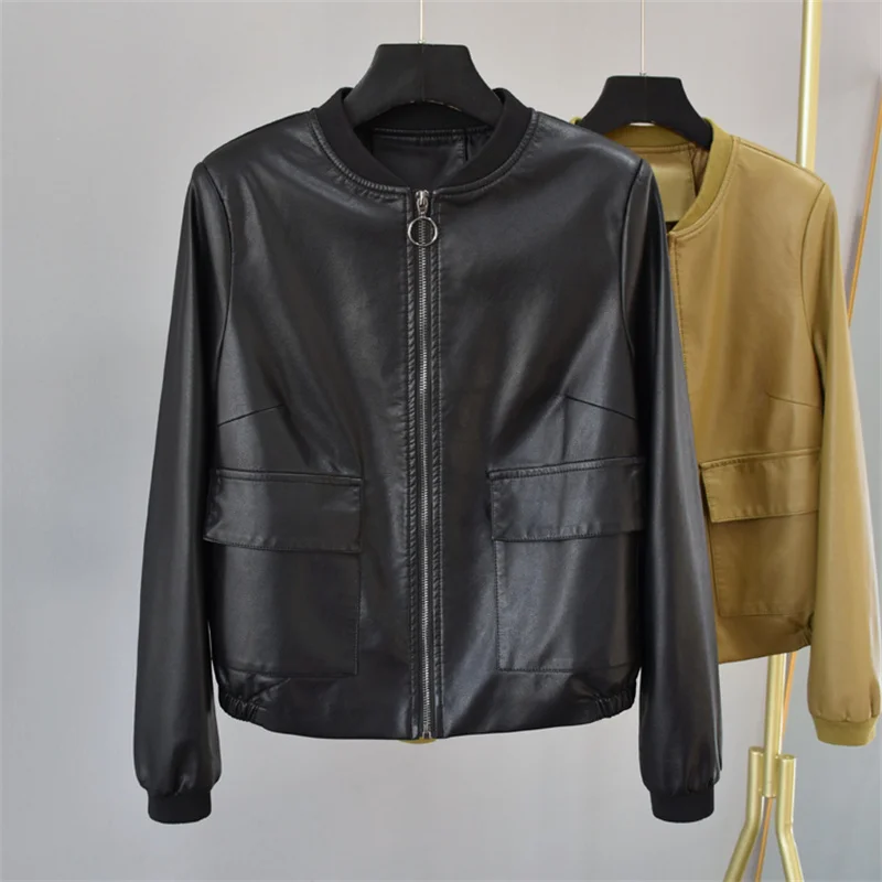 Spring Autumn Women Round Collar Big Pocket Short Faux PU Leather Jacket Yellow Black Casual Motorcycle Bomber Jacket Streetwear