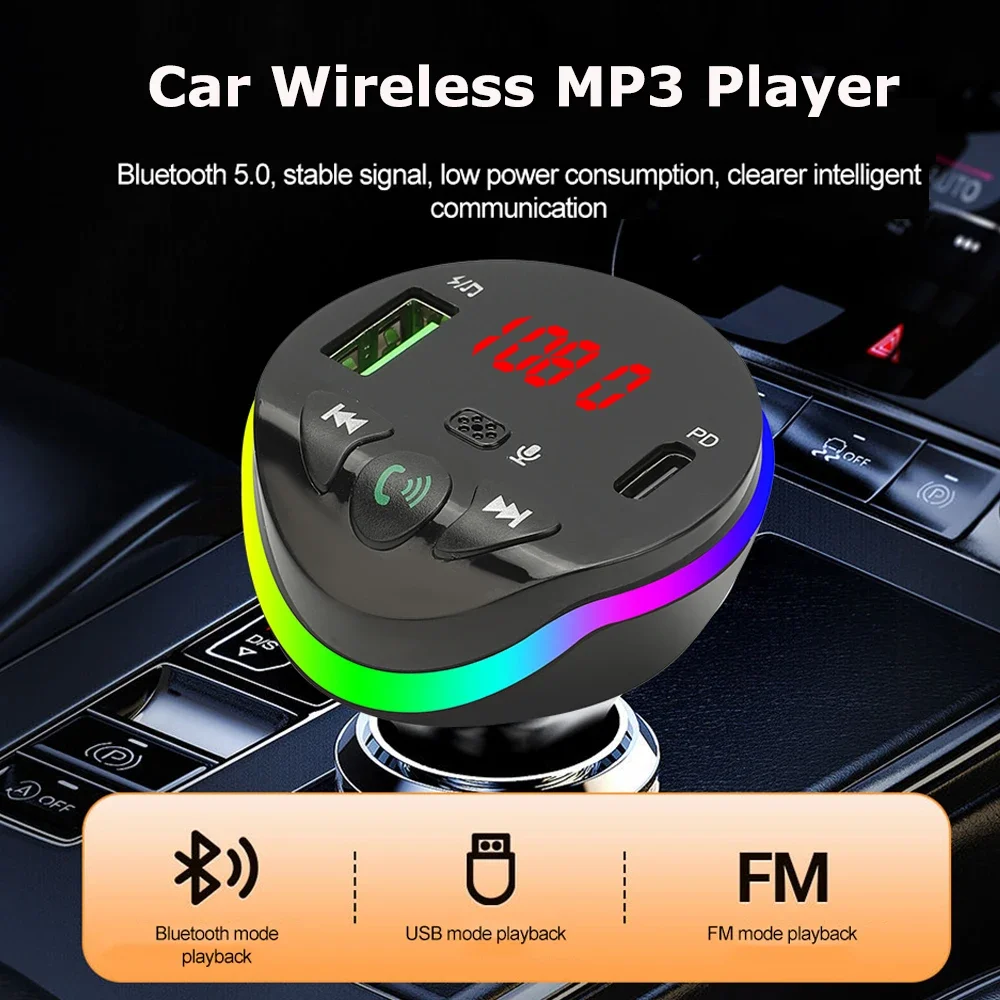 

Bluetooth 5.0 Автомобильный FM-передатчик PD USB Автомобильное зарядное устройство для телефона Быстрое зарядное устройство с окружающим освещением Беспроводная громкая связь MP3 Plyer Автомобильный комплект
