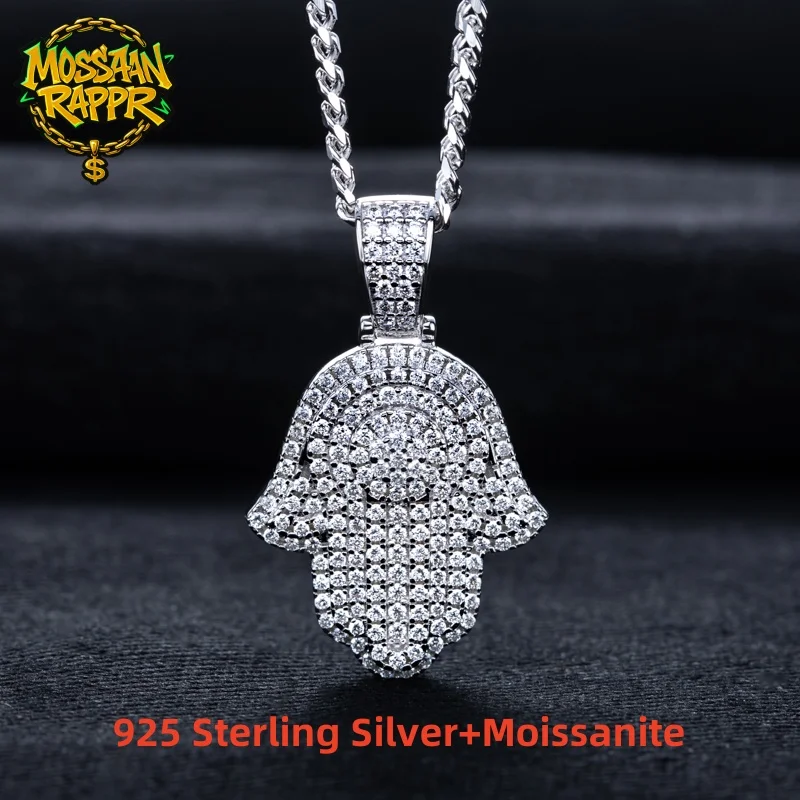 

MossanRappr Moissanite Iced Out Hamsa Hands Pendant Bling Hip Hop Necklace 925 Sterling Silver Fine Jewelry Gifts for Men Women