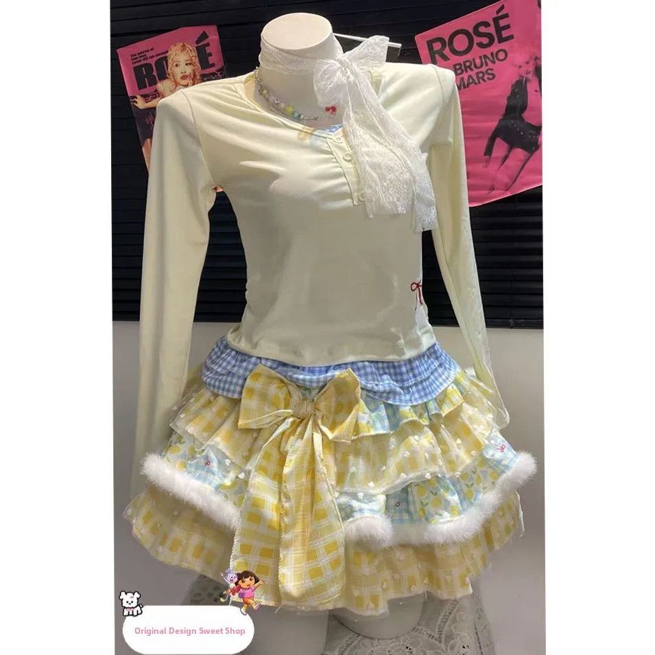 

Handmade Y2K Plaid Fake Two-Piece Long Sve Ne Hanging Velvet Puffy Cake Skirt Women's Faion Autumn 2025 Collection
