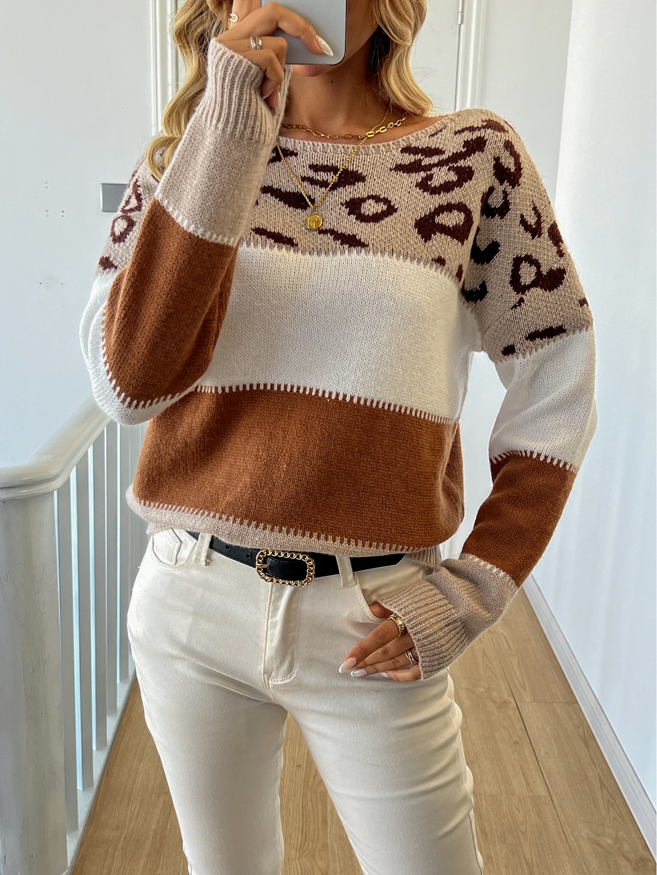 Maglione lavorato a maglia pullover a contrasto con stampa leopardata autunno e inverno