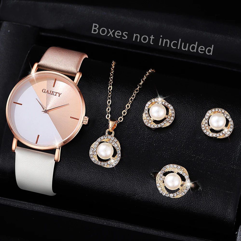 

5 шт., комплект женских часов, модные и простые кварцевые часы, ожерелье, серьги, комплект, подходит для повседневной одежды, идеальный подарок