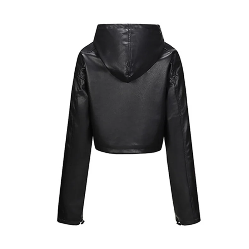 2025 Fashion High-waisted Short Coat Zipper-up Hooded Outerwear Streetwear Lady Tops Slim PU Jackets Women's Faux Leather Jacket 5