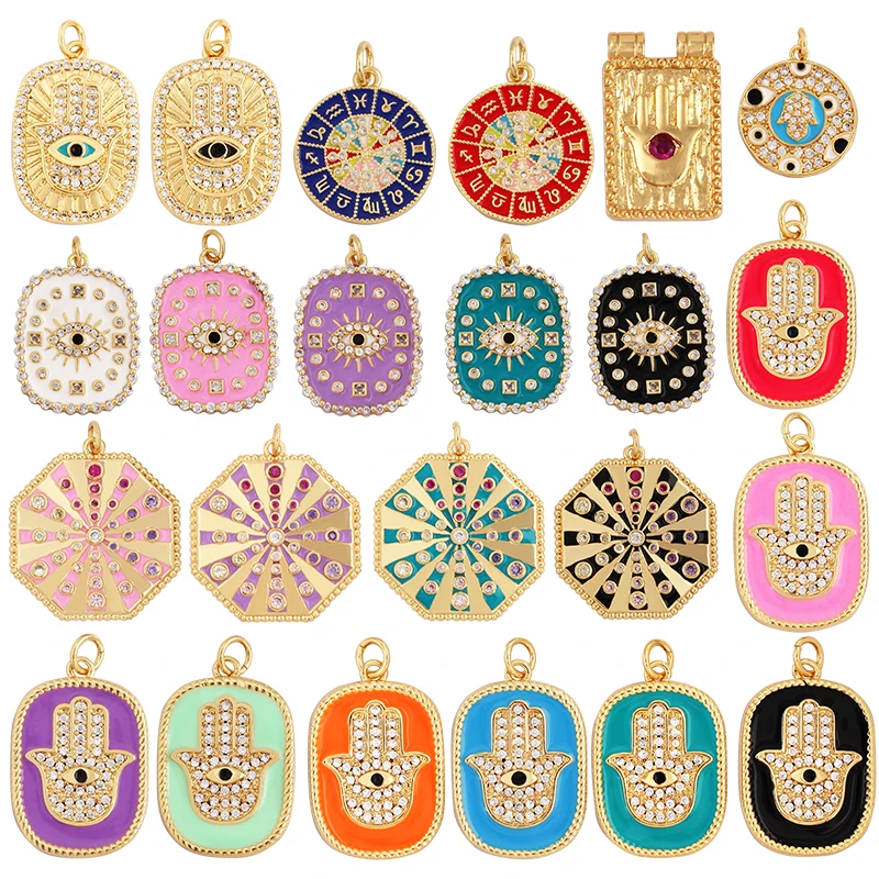 Colgante de mano de ojo de la suerte malvado turco colorido de moda, collar con signo de horóscopo de circón geométrico Simple, suministros de joyería M36