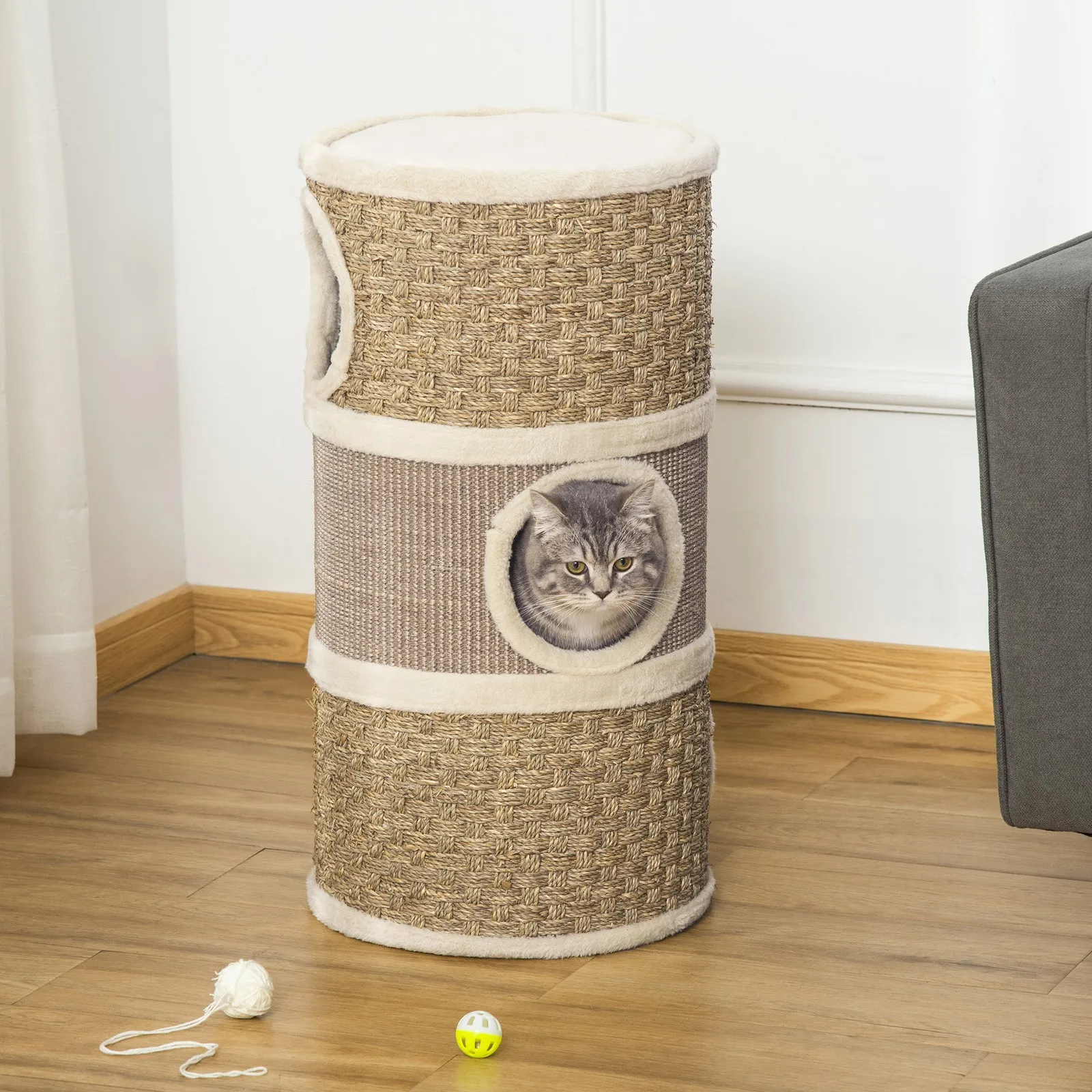 

28 Inch Cat Condo, Barrel Shaped Small Cat Tree for Indoor Cats, Khaki and Brown