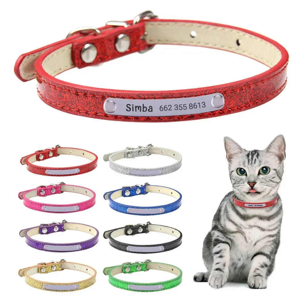 Bling Leather Cat Collar Personalized Name Collar for Cats Small Dog Puppy Necklace Kitten Accessories Nameplate Free Engraving