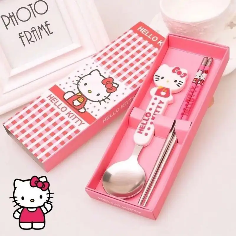 Sanrio Kawaii Anime Hello Kitty Chopstick Spoon Fork Cute Cartoon Kt Cat Student Portable Tableware Lovely Gifts for Kids