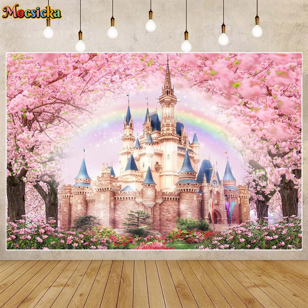 

Mocsicka Spring Castle Photography Backgrounds Garden Cherry Tree Rainbow Princess Girl Portrait Backdrop Studio Photocall Props