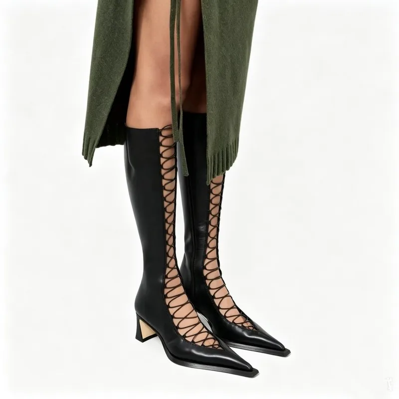 2026 Summer Women Glossy PU Cut-out Lace Up Knee High Sandal Boots Pointed Toe Mid Block Heel Anti-slip Rubber Sole F292