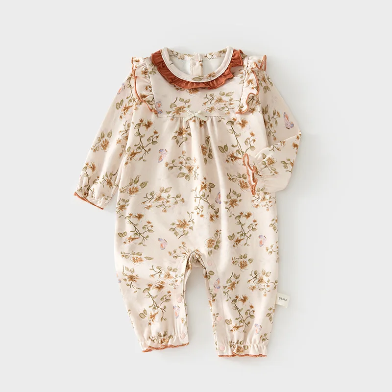 Baby Jumpsuit Female Baby Newborn Boneless Autumn and Winter Modal Romper Lapel Infant Children's Wear Jumpsuit