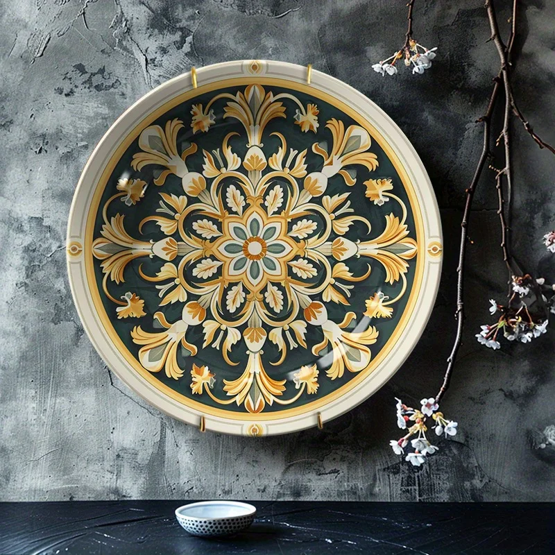 1pc Luxury Golden & Black Vintage European Floral Ceramic Wall Plate - Circular Art Deco Emblem Wall Hanging Decor for Living