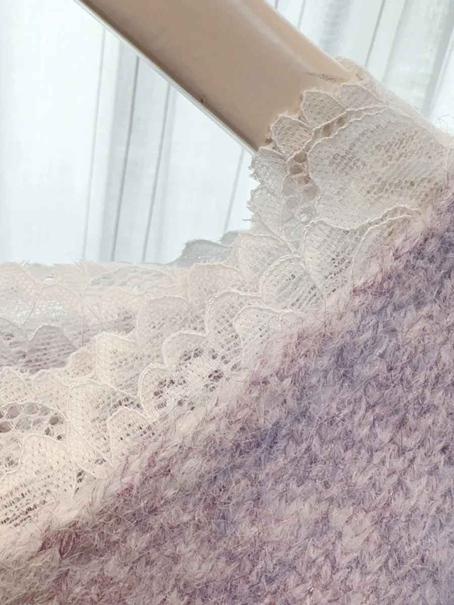 Paars Kant Lange Sve Halflange Basis irt Dames Herfst Trui Cover Butt Dazhoudang Jujiaohao Miu Top Warmte Gebreide V...