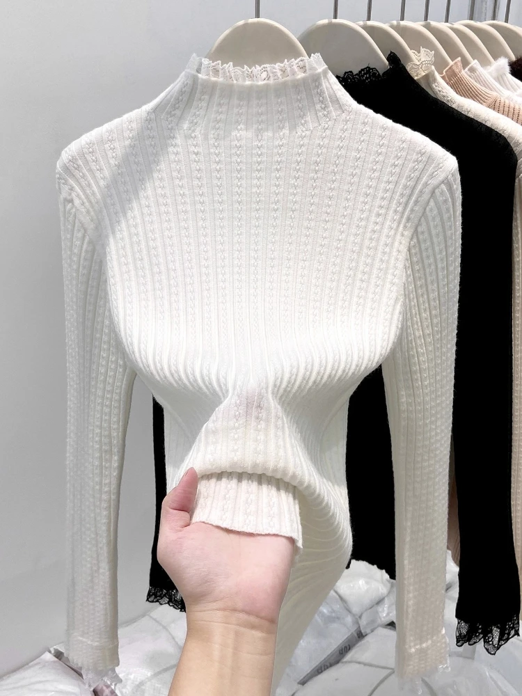 Chic Lace Mock Neck Knit Base Top 2026 Autumn Winter Sweater Atmospheric Texture Elegant Women Pullover Unique Ribbed Sweater