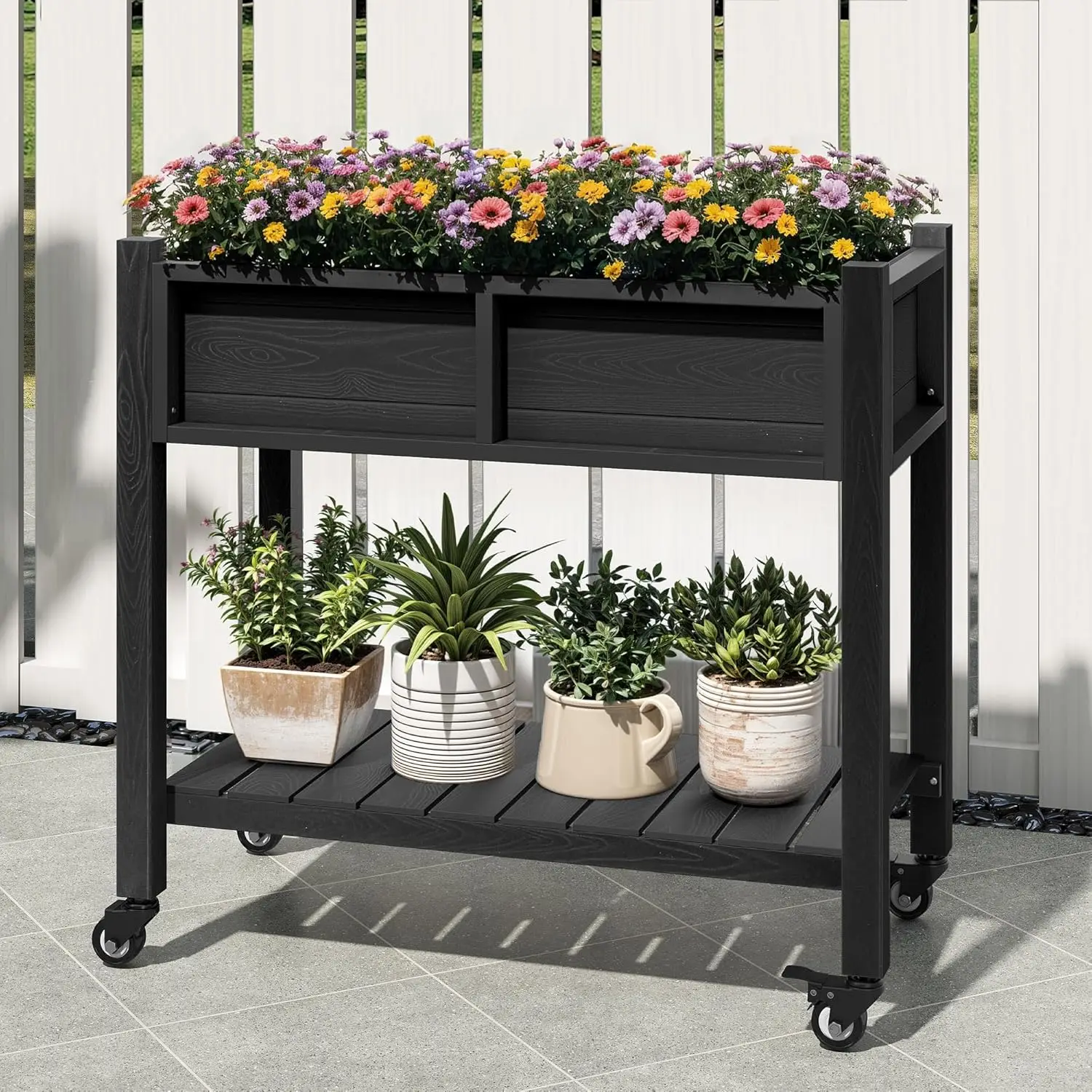 

Raised Garden Bed, Outdoor Planter Box, Small Flower Box with Double-Layer, 4 Swivel Casters and Built-in Drain Holes, Ideal for