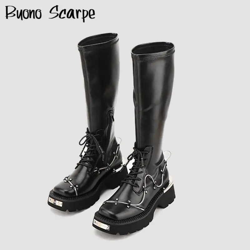 

Metal Spring Long Boots Women's Knee High Boots Autumn Winter Thick Bottom Motorcycle Boots Chunky Platform Stretch Botas Retro