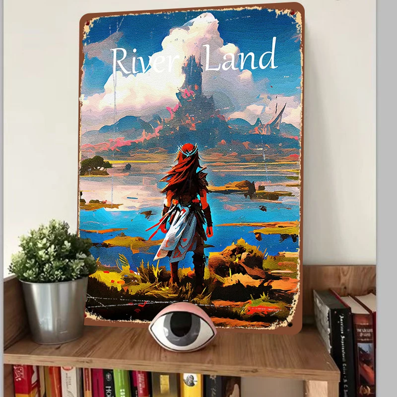 River Land Fantasy Art Metal Wall Decor Red Haired Warrior Landscape Painting Home Decoration