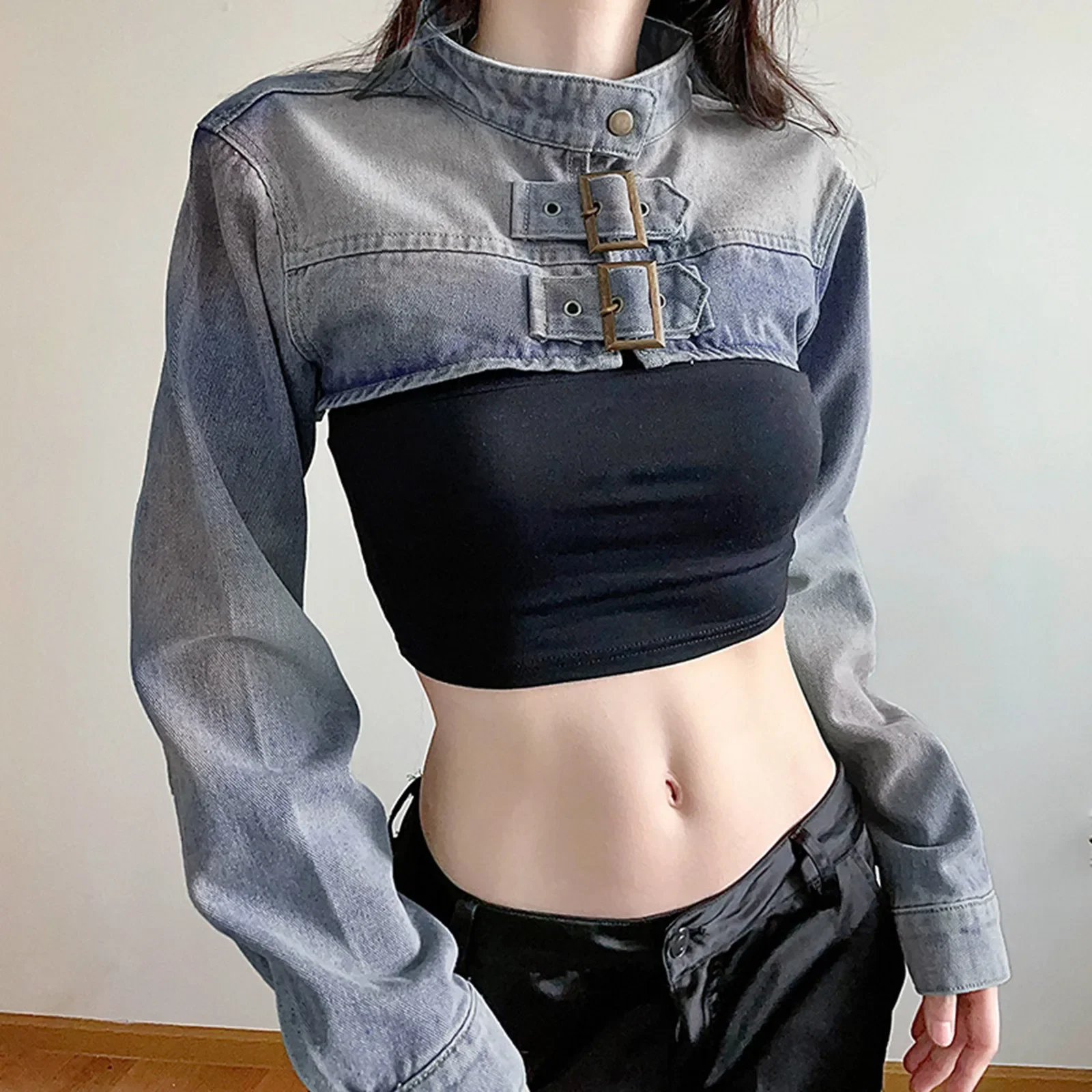 

Pop Vintage Washed Denim Vest Jacket Stand Button Up Long Sleeve Cropped Jean Tops For Women Oversize Denim Jean Jackets Women's
