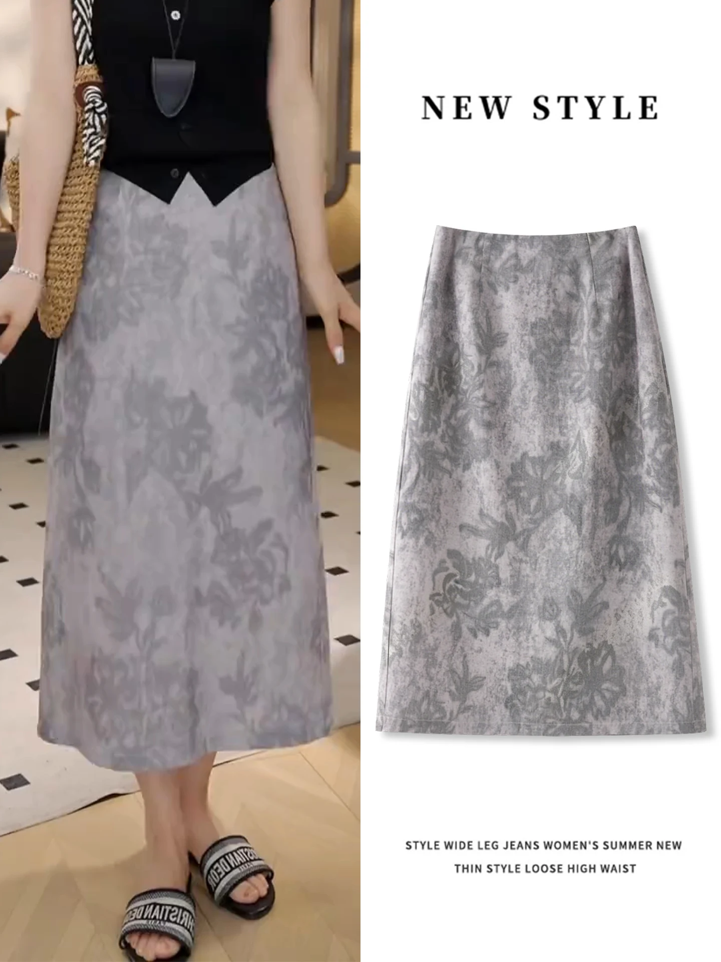 

Summer Thin High Waist A-Line Skirt Women's Printed Silk Linen Wrap Bodycon Mid-Length Casual Commute Style Half-length Skirt