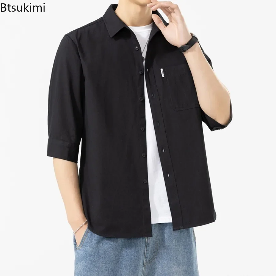 2025 Fashion Men's Short-sleeved Casual Shirt Comfortable Water Washed Cotton Shirt Coats Solid Loose Cardigan Tops Male Blouses