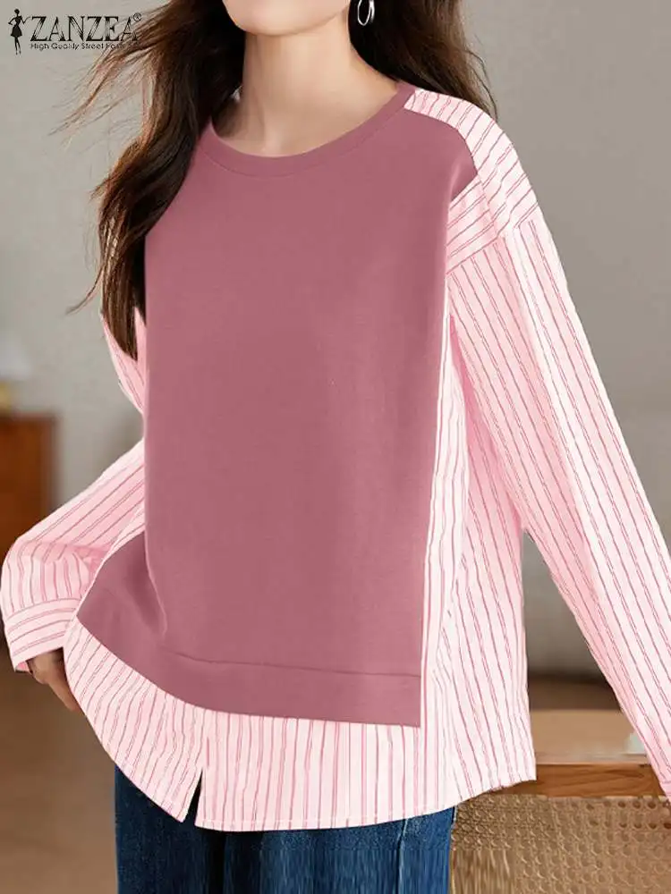 ZANZEA Patchwork O Neck Blusas Mujer Women Autumn Casual Long Sleeve Blouses Fake Two-Piece Striped Korean Fashion Pullovers