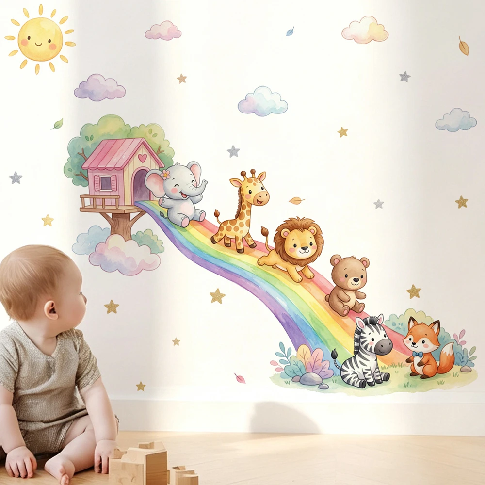 Baby Nursery Jungle - Cartoon-Tiere Regenbogen-Wandsticker, Aquarell-Dschungeltier-Baumhaus-Abziehbilder aus Vinyl für