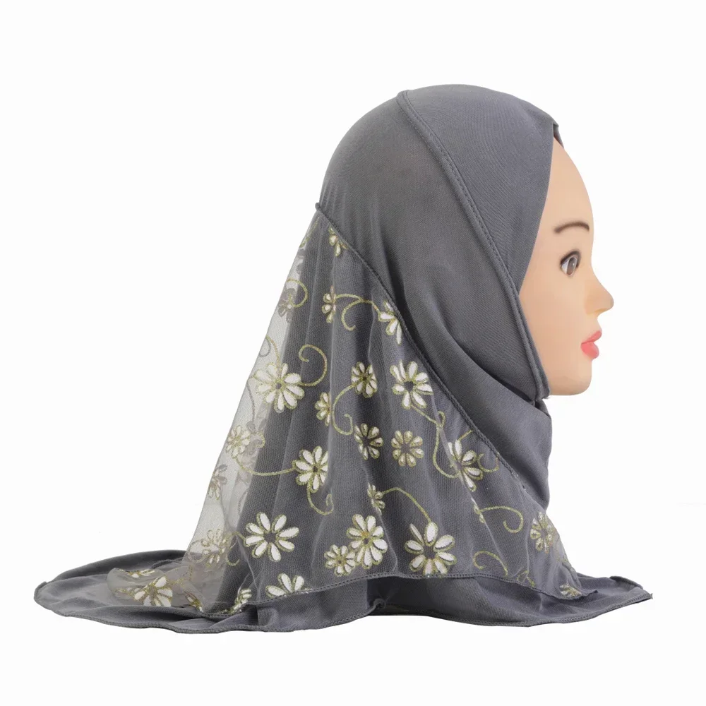 

Flower Mesh Muslim Kids Hijab Turban Cap Girls Islamic Amira Ramadan Headscarf Pull On Instant Child Hat Headwear Wrap 2-6Years