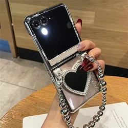 Korean Luxury Plating Transparent Heart Mirror Bracelet Chain Case For Motorola Moto Razr 40 50 Ultra 40 Ultra Shockproof Cover